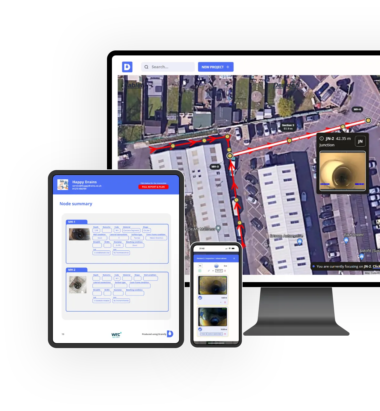 Drainify reporting app shown on desktop, tablet and mobile