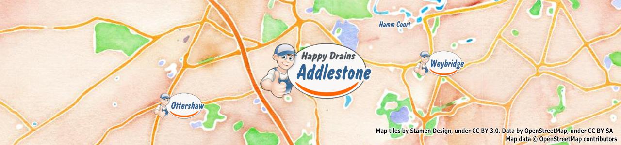 Service area map showing Happy Drains coverage across Addlestone (KT15)