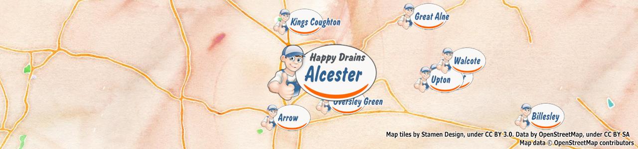 Service area map showing Happy Drains coverage across Alcester, Henley In Arden, Studley (B49, B80, B95)