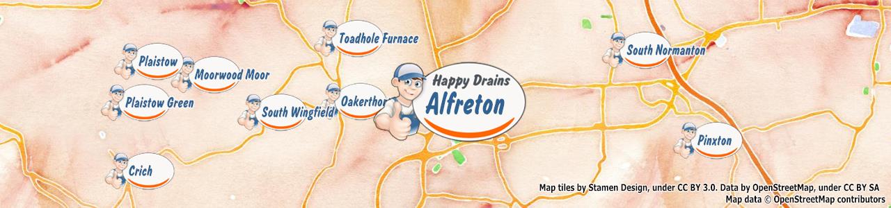 Service area map showing Happy Drains coverage across Alfreton, Ashbourne, Bakewell, Belper, Matlock and more (DE4, DE45, DE5, DE55, DE56, DE6)