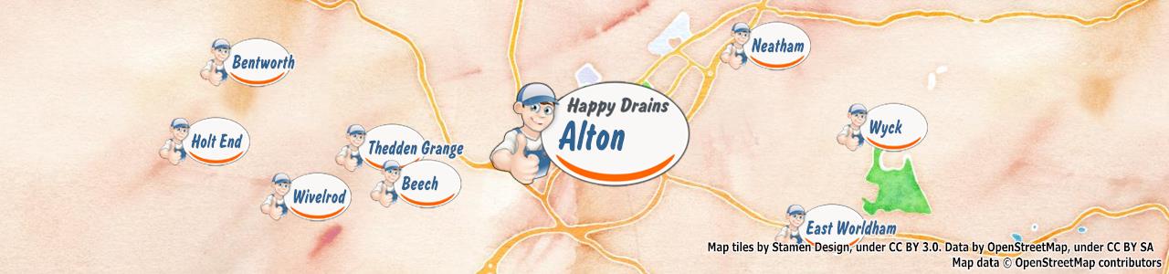 Service area map showing Happy Drains coverage across Alton, Bordon (GU34, GU35)