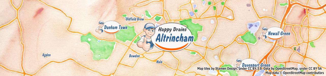 Service area map showing Happy Drains coverage across Altrincham (WA14)