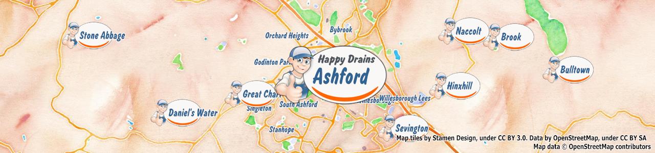 Service area map showing Happy Drains coverage across Ashford, Romney Marsh (TN23, TN29)