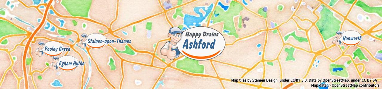 Service area map showing Happy Drains coverage across Ashford (TW15)