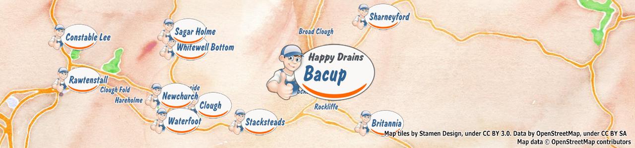 Service area map showing Happy Drains coverage across Bacup (OL13)