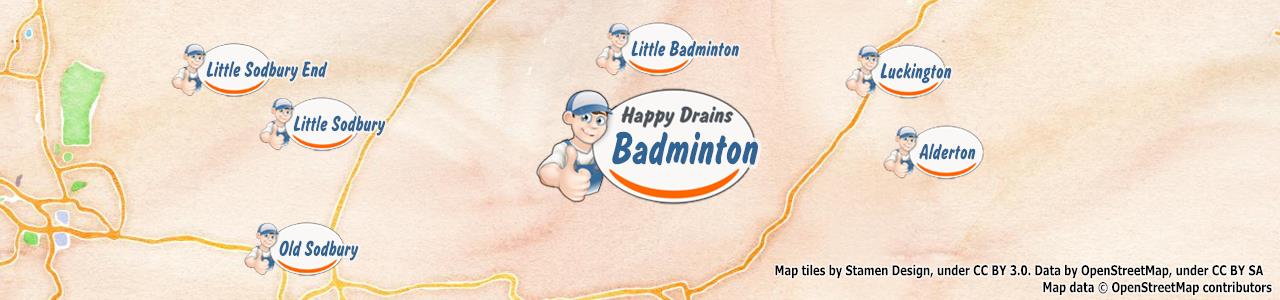 Service area map showing Happy Drains coverage across Badminton (GL9)