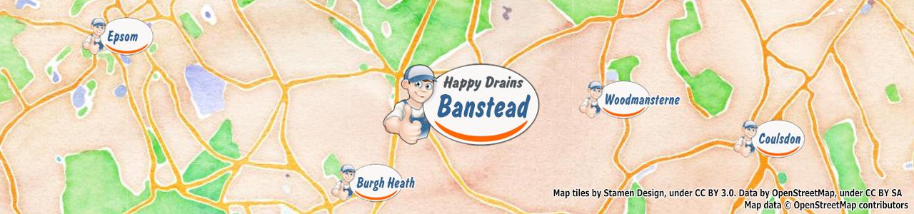 Service area map showing Happy Drains coverage across Banstead (SM7)