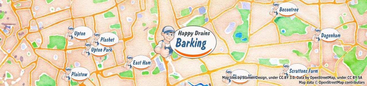 Service area map showing Happy Drains coverage across Barking (IG11)