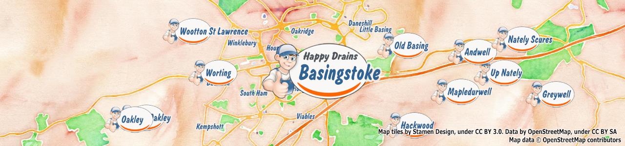 Service area map showing Happy Drains coverage across Basingstoke, Tadley, Whitchurch (RG21, RG26, RG28)