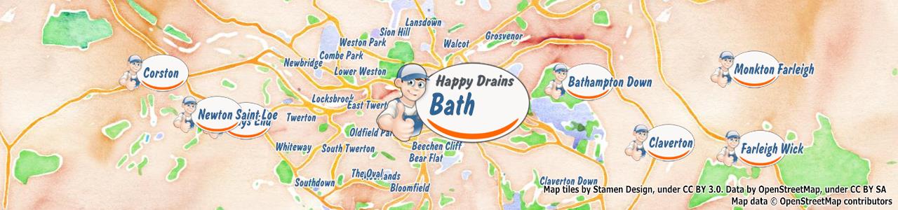 Service area map showing Happy Drains coverage across Bath (BA1)