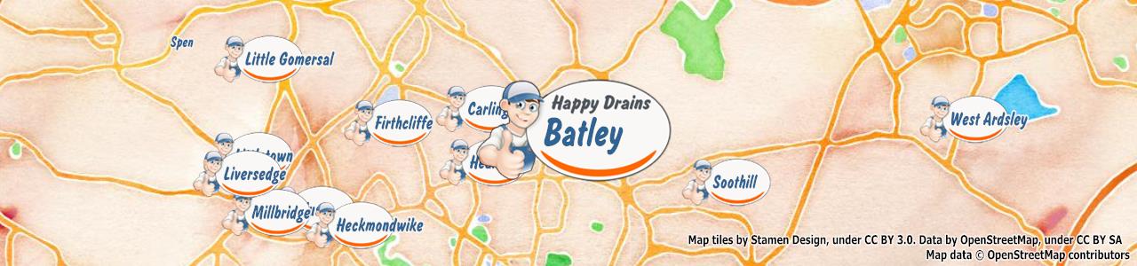 Service area map showing Happy Drains coverage across Batley, Dewsbury, Heckmondwike, Liversedge, Mirfield and more (WF1, WF12, WF14, WF15, WF16, WF17, WF5)