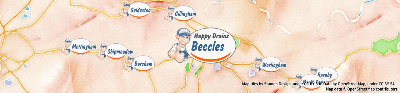 Service area map showing Happy Drains coverage across Beccles (NR34)