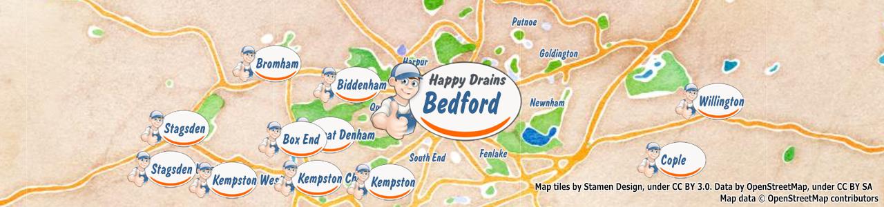 Service area map showing Happy Drains coverage across Bedford (MK40)