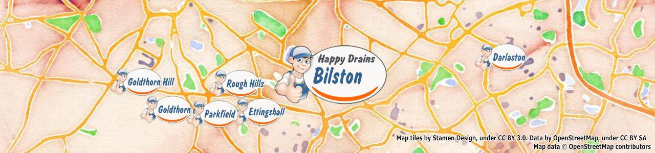 Service area map showing Happy Drains coverage across Bilston (WV14)