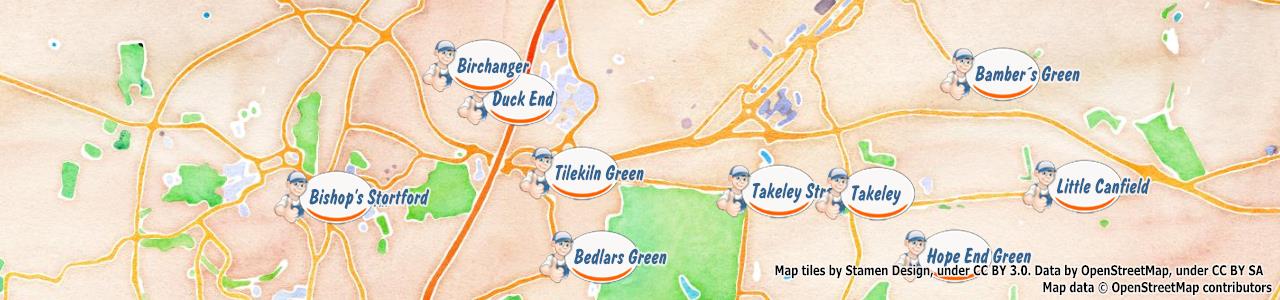 Service area map showing Happy Drains coverage across Bishops Stortford, Sawbridgeworth (CM21, CM22)