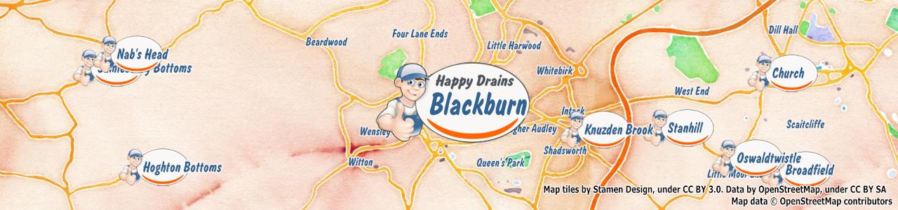 Service area map showing Happy Drains coverage across Blackburn, Accrington, Darwen, Rossendale (BB1, BB3, BB4, BB5)