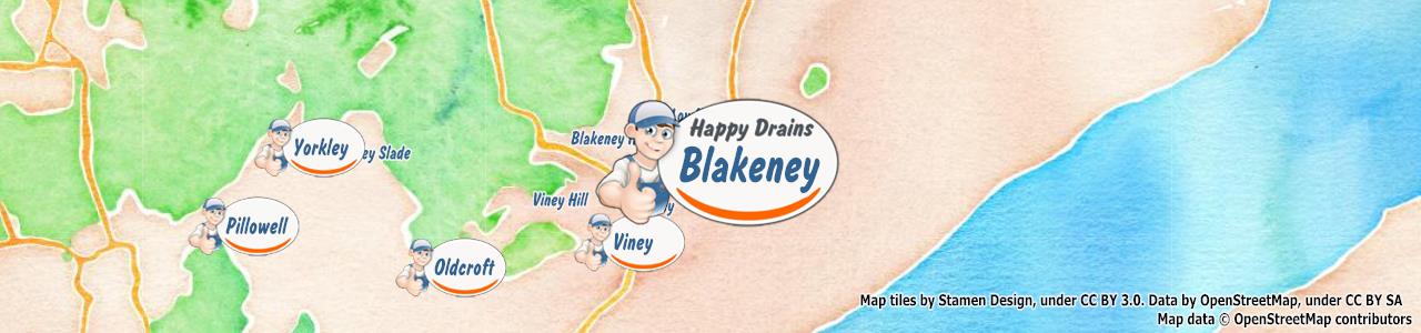 Service area map showing Happy Drains coverage across Lydney, Blakeney, Aylburton, Alvington, Bream (GL15)