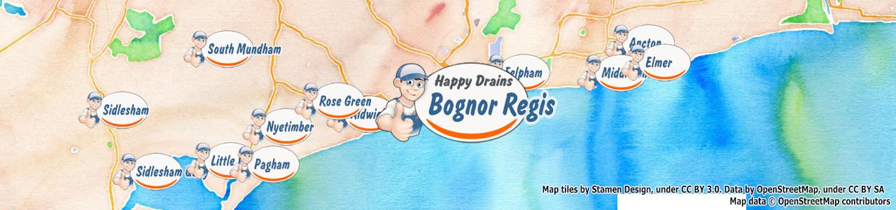 Service area map showing Happy Drains coverage across Bognor Regis (PO21)