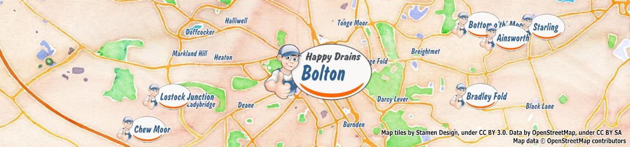 Service area map showing Happy Drains coverage across Bolton, Bury (BL0, BL1)