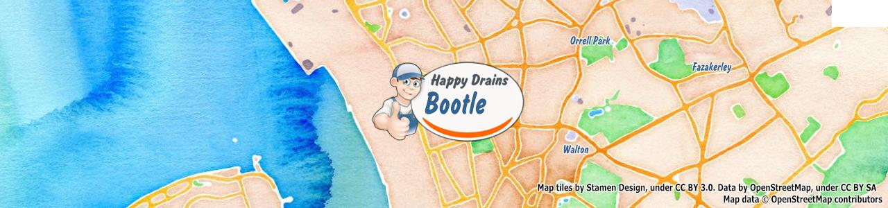 Service area map showing Happy Drains coverage across Bootle, Liverpool, Prescot (L1, L20, L34)