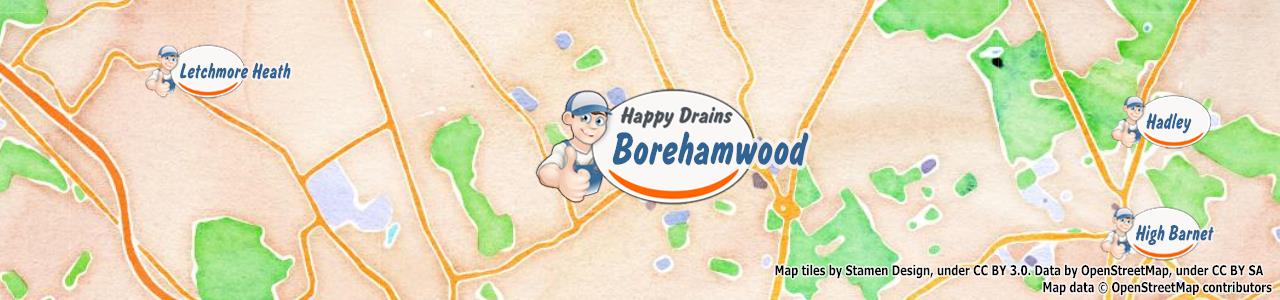 Service area map showing Happy Drains coverage across Borehamwood, Radlett (WD6, WD7)