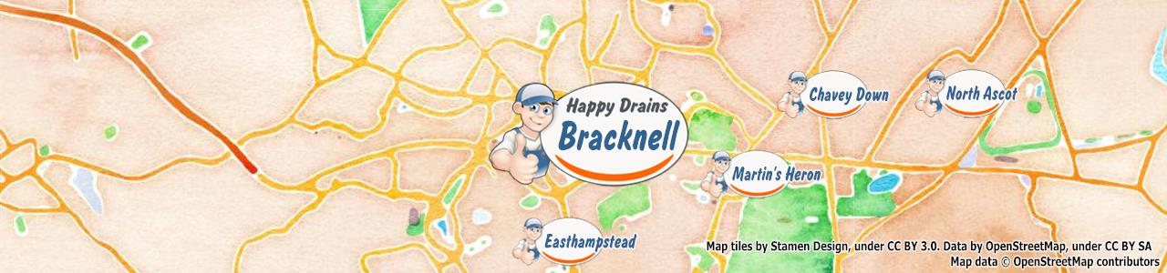Service area map showing Happy Drains coverage across Bracknell (RG12)
