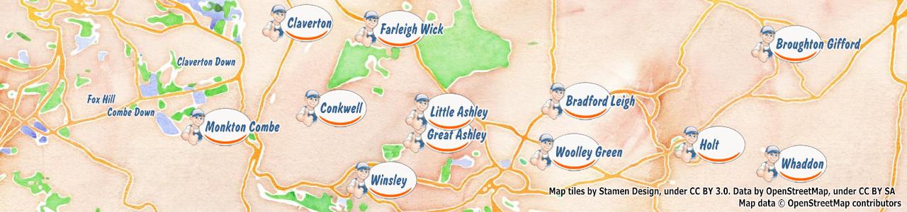 Service area map showing Happy Drains coverage across Bradford On Avon (BA15)