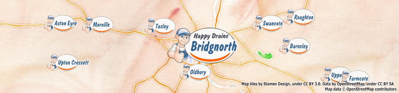 Service area map showing Happy Drains coverage across Bridgnorth (WV15)
