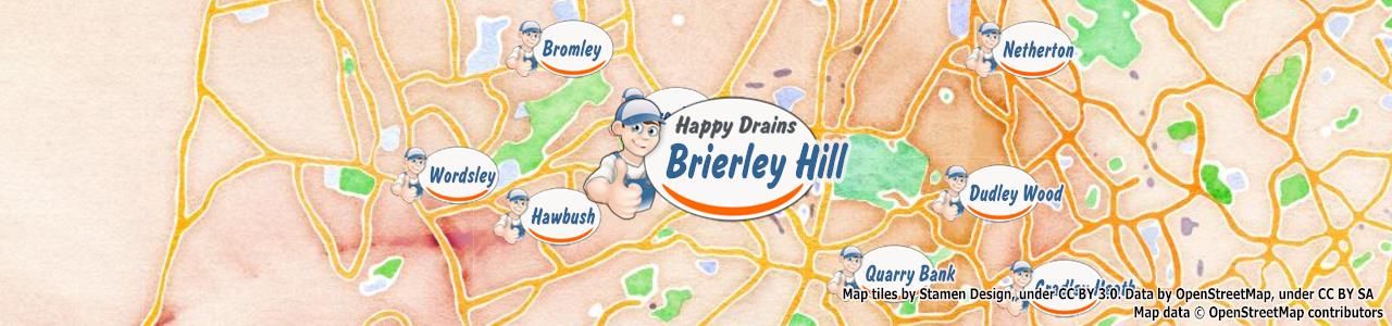 Service area map showing Happy Drains coverage across Brierley Hill, Kingswinford, Stourbridge (DY5, DY6, DY7)