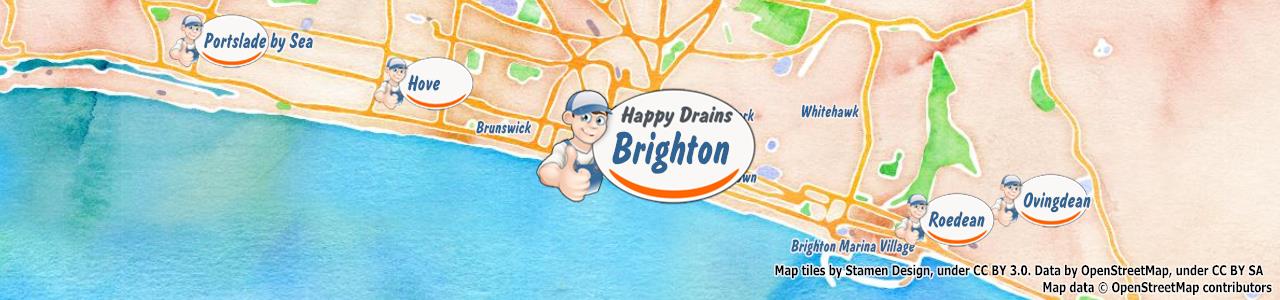 Service area map showing Happy Drains coverage across Brighton (BN1)