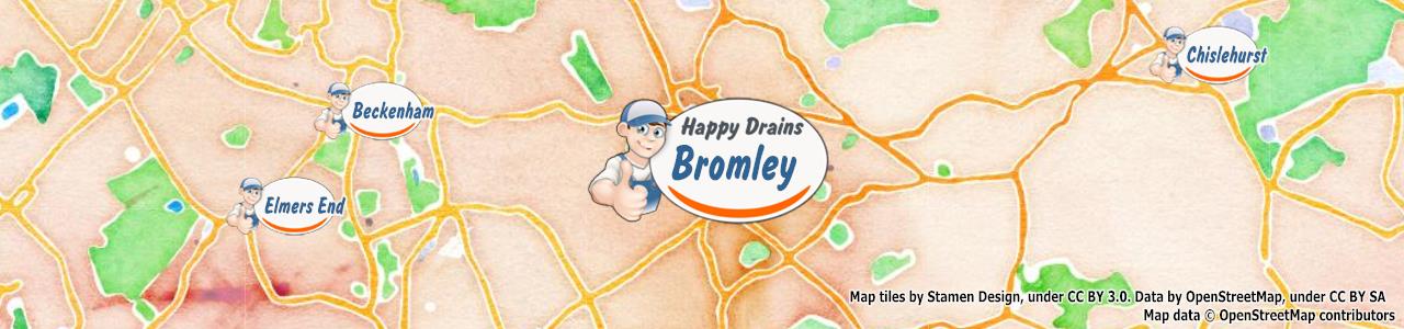 Service area map showing Happy Drains coverage across Bromley (BR1)