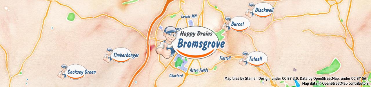 Service area map showing Happy Drains coverage across Bromsgrove, Redditch (B60, B96)