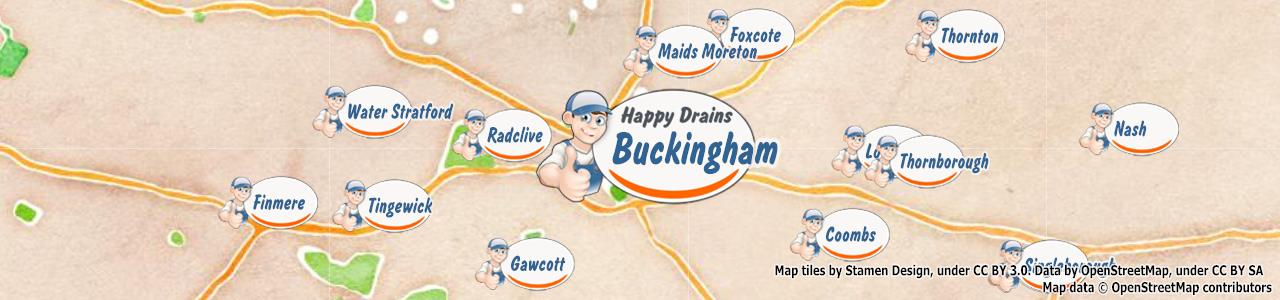 Service area map showing Happy Drains coverage across Buckingham (MK18)