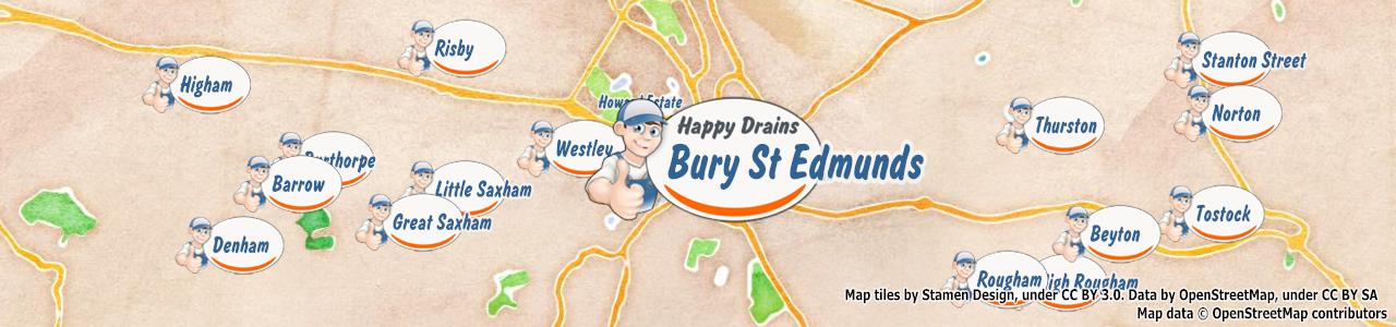 Service area map showing Happy Drains coverage across Bury St Edmunds, Brandon (IP27, IP28)