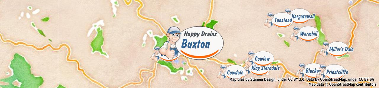 Service area map showing Happy Drains coverage across Buxton (SK17)