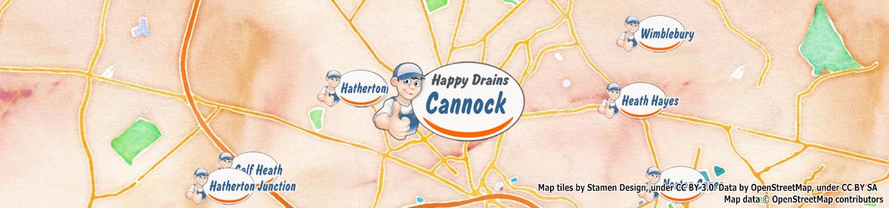Service area map showing Happy Drains coverage across Cannock, Burntwood (WS11, WS7)