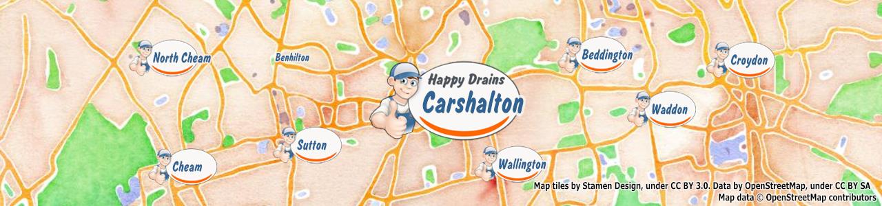 Service area map showing Happy Drains coverage across Carshalton (SM5)