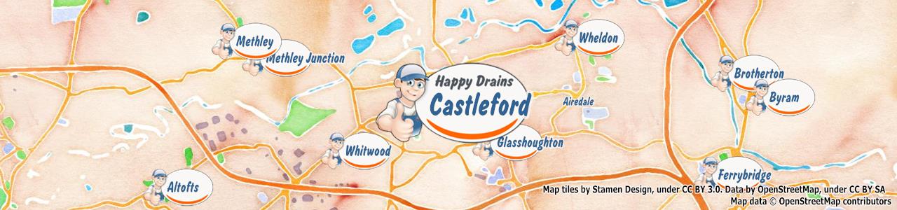Service area map showing Happy Drains coverage across Castleford, Knottingley, Normanton, Pontefract (WF10, WF11, WF6, WF7)