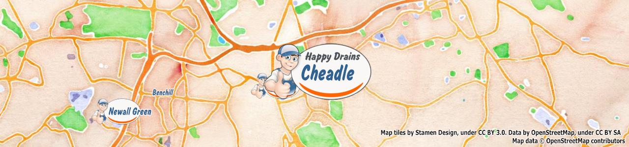 Service area map showing Happy Drains coverage across Cheadle, Stockport (SK1, SK8)
