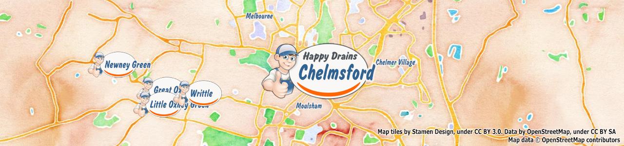 Service area map showing Happy Drains coverage across Chelmsford, Billericay, Brentwood, Ingatestone (CM1, CM11, CM13, CM4)
