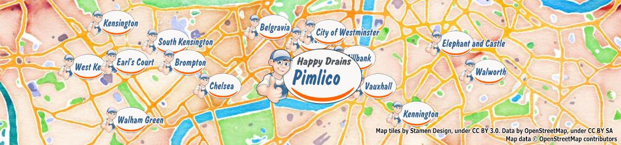 Service area map showing Happy Drains coverage across Pimlico (SW1V)