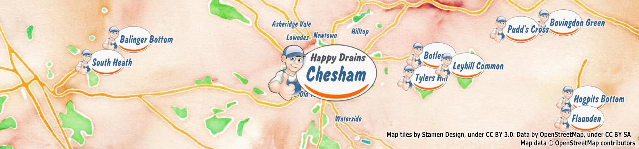 Service area map showing Happy Drains coverage across Chesham (HP5)