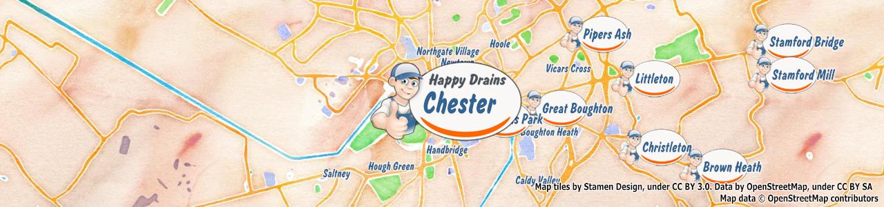 Service area map showing Happy Drains coverage across Chester, Ellesmere Port, Neston (CH1, CH33, CH34)