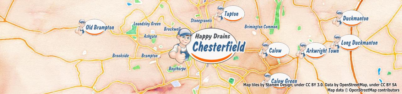 Service area map showing Happy Drains coverage across Chesterfield, Dronfield, Hope Valley (S18, S32, S40)