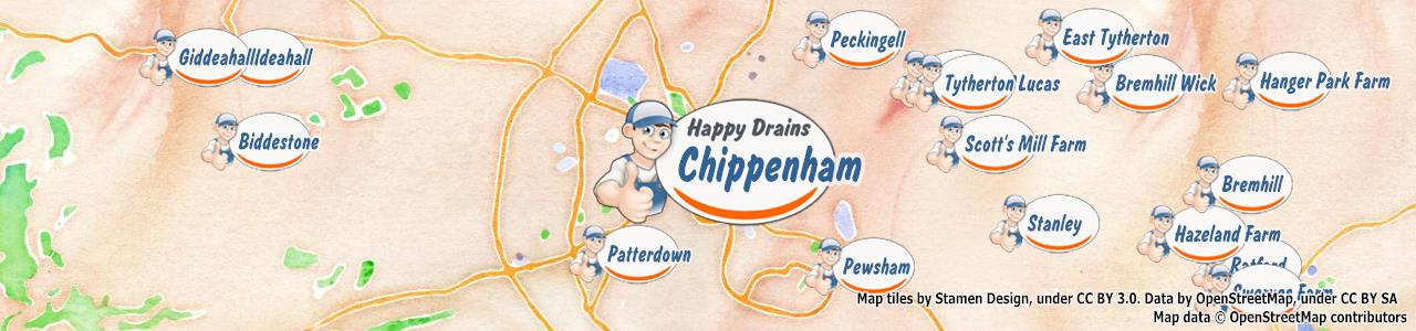 Service area map showing Happy Drains coverage across Chippenham, Corsham, Malmesbury (SN13, SN14, SN16)
