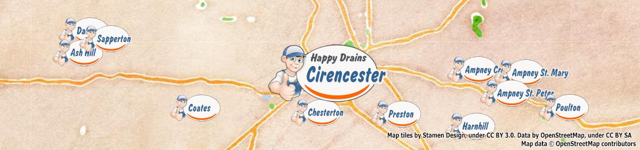 Service area map showing Happy Drains coverage across Lechlade (GL7)