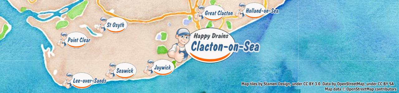 Service area map showing Happy Drains coverage across Clacton On Sea, Colchester (CO1, CO15)