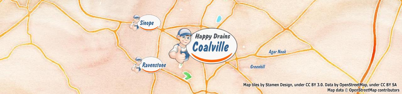 Service area map showing Happy Drains coverage across Markfield (LE67)