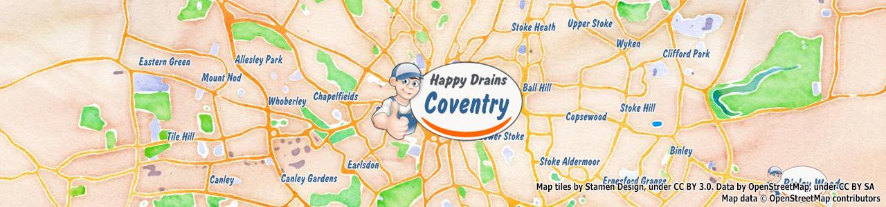 Service area map showing Happy Drains coverage across Coventry (CV1)