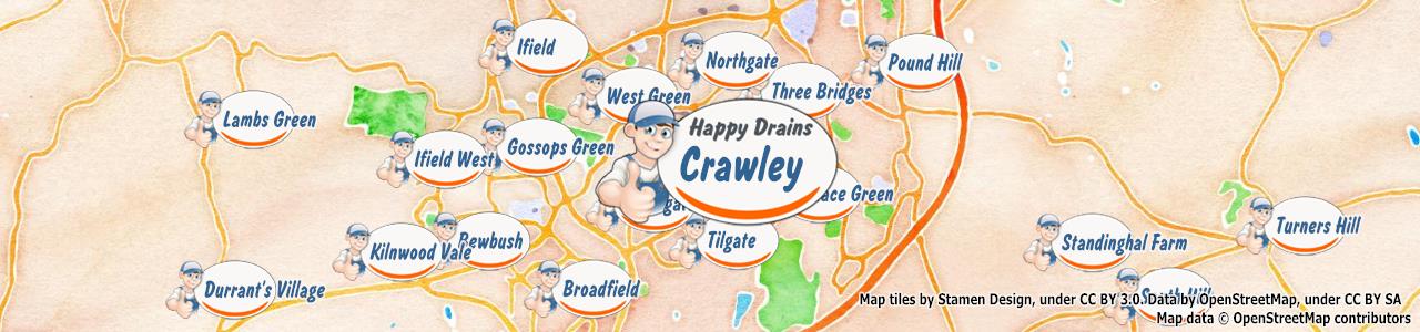 Service area map showing Happy Drains coverage across Crawley, Gatwick (RH10, RH6)